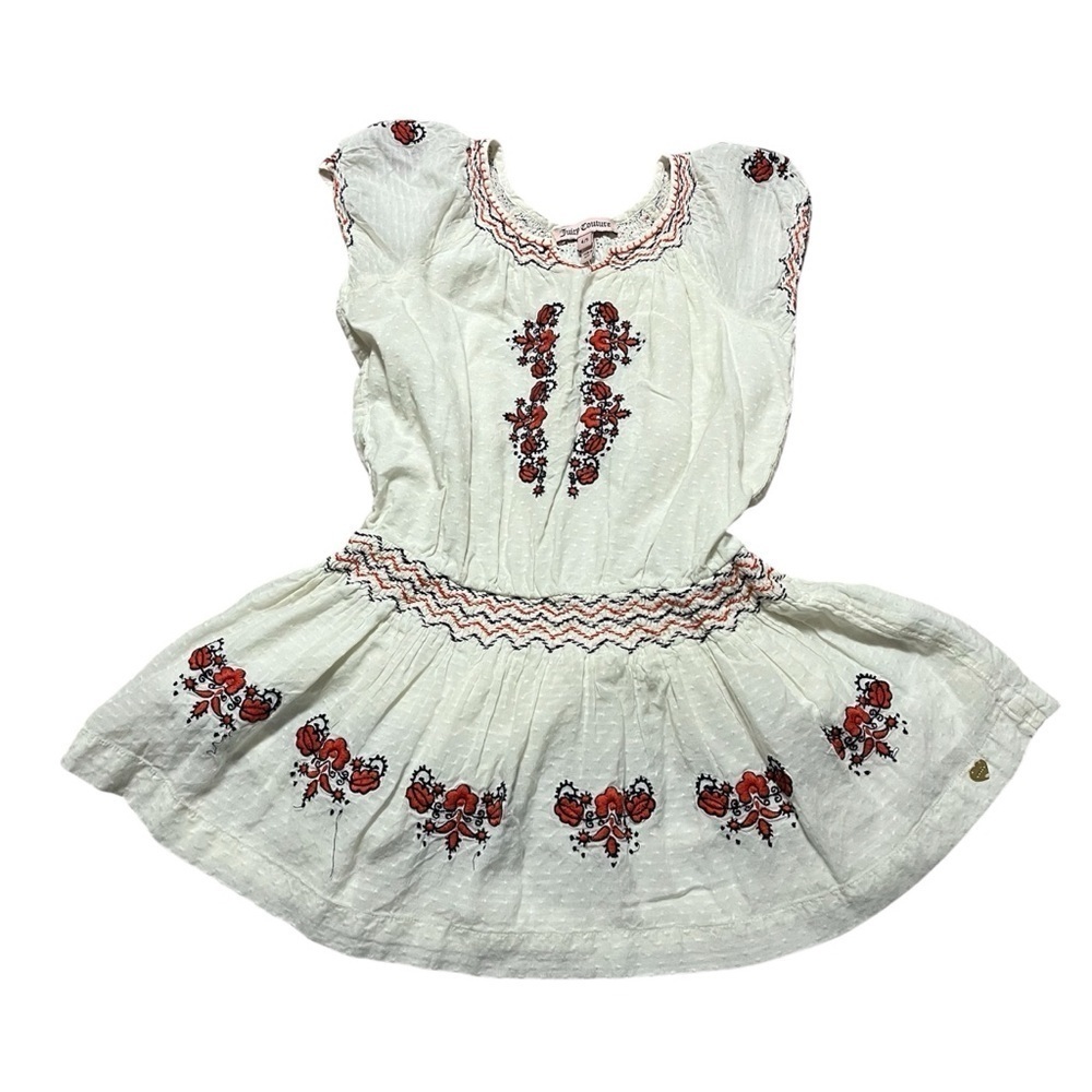 Juicy Couture Embroidered White Red Kids Dress Size 4/5 Elastic Waist Peasant
